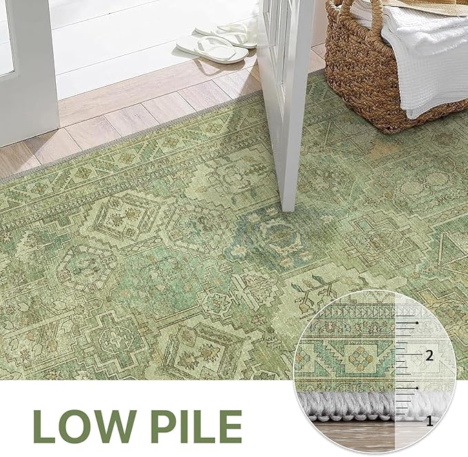 Bavni 2x3 Entryway Rug Bathroom Rugs for Front Door Bedroom Bathroom Kitchen, Washable Vintage Print Carpet, Ultra-Thin Chenille Lightweight Rug with Non Slip Backing, Light Green