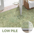 Bavni Washable Rug 9x12 Area Rug for Living Room Bedroom Dining, Washable Vintage Print Carpet, Ultra-Thin Chenille Low Pile Lightweight Rug with Non Slip Backing, Light Green