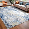 Washable Abstract Rug, 8x10 Modern Area Rugs with Non-Slip Rubber Backed for Living Room, Thin but Soft Contemporary Carpet Kitchen Bedroom Dining Room Decor, Midnight Blue