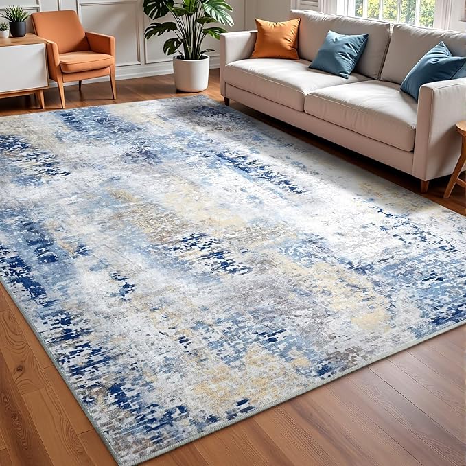 Washable Abstract Rug, 5x7 Modern Area Rugs with Non-Slip Rubber Backed for Living Room, Thin but Soft Contemporary Carpet Kitchen Bedroom Dining Room Decor, Midnight Blue