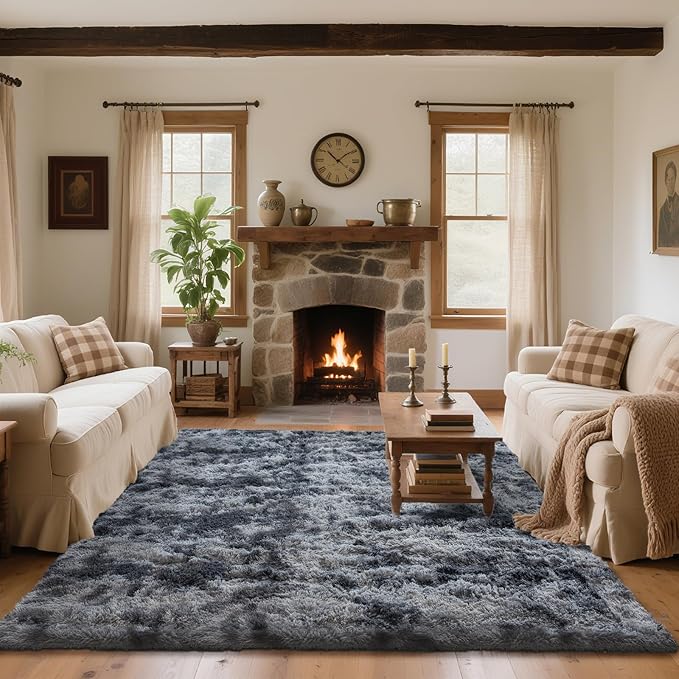 8x10 Area Rugs for Living Room Bedroom, Soft Fluffy Shaggy Bedside Rug, Indoor Floor Carpet for Kids Playroom, Dorms, Nursery Rooms, Home Decor (Tie-Dyed Dark Grey 8'x10')