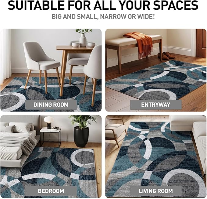 Rugshop Blue Modern Geometric Indoor Area Rug, Overlapping Circle Pattern, Fade Resistant, Non-Shedding, for Living Room, Bedroom and Home Office, 5'3" x 7'3"