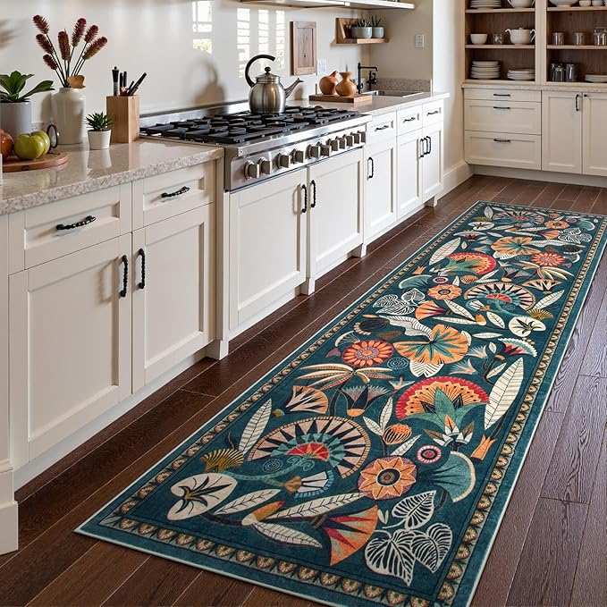 Boho Washable Green Bathroom Kitchen Runner Rug, 2x8 Egypt Hallway Entryway Rug Runner, Non Slip Botanical Floral Vintage Carpet for Entry Living Laundry Room (Dark Green, 2 x 8)