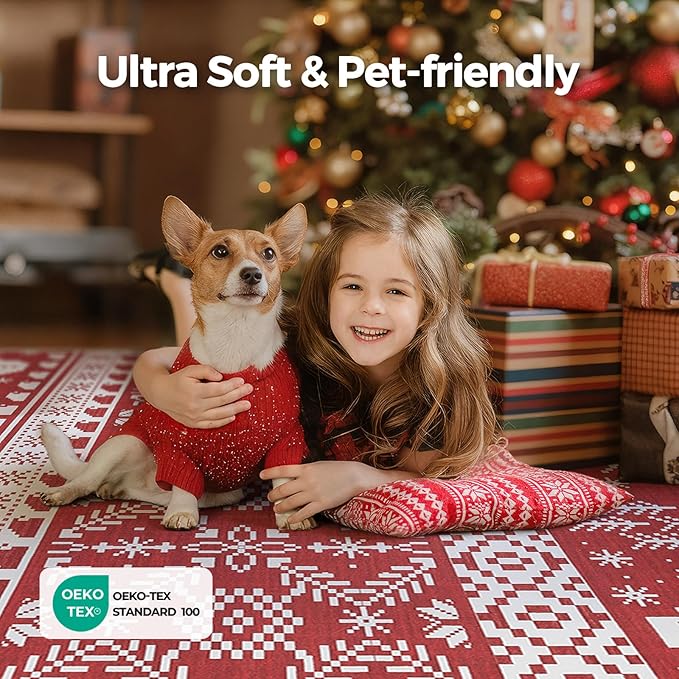 WITSHOCK Christmas Area Rugs for Living Room: 5x7 Stain Resistant Non-Slip Washable Red Snowflake Christmas Carpet, Soft Dining Room Bedroom Rugs, Indoor Decor for Home, Holiday