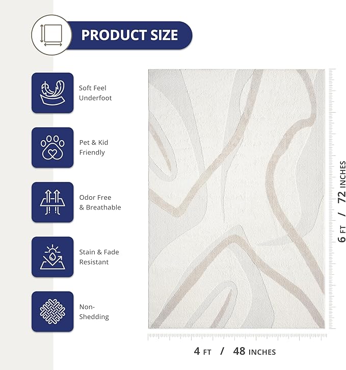 Abani Nomad Cream & Beige Area Rug 4' x 6' for Living Room, Bedroom - Chic Abstract Pattern - Durable & Easy to Clean