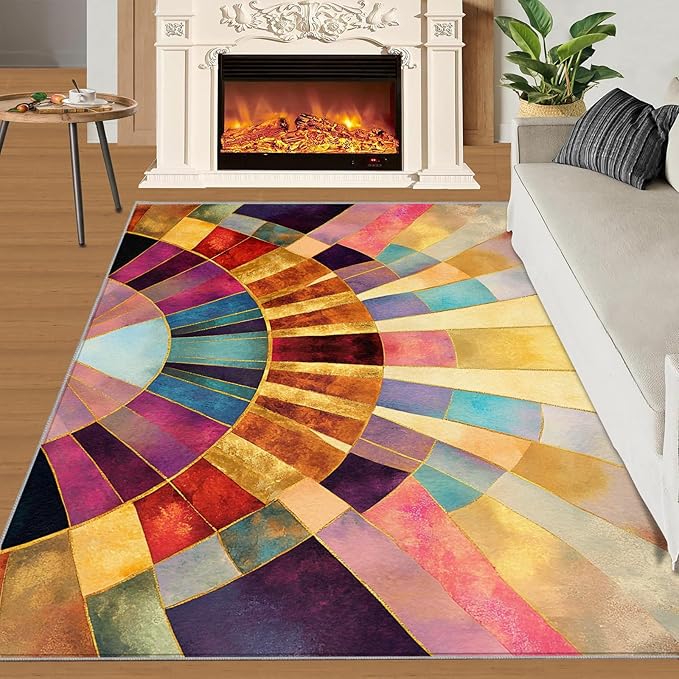 Chromatic Geometric Area Rugs 4x6ft, Abstraction Deco Carpet for Bedroom, Mosaic Sunburst Rug for Living Room Easy to Clean for Indoor Outdoor Hardwood Floors Home Decor