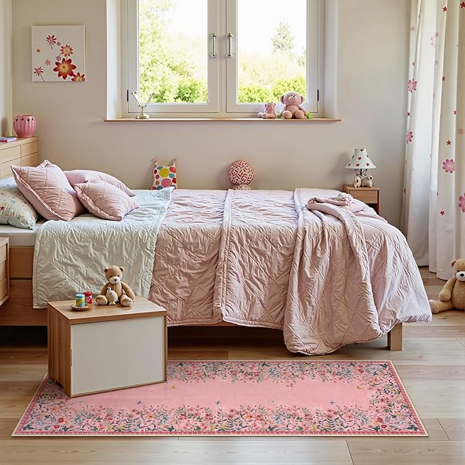 Lahome Boho Floral 2x6 Pink Bathroom Runner Rugs Non Slip Washable,Soft Runners for Hallways,Indoor Carpet Runner with Rubber Backing for Bedside Entryway Kitchen Laundry(Pink,2x6)