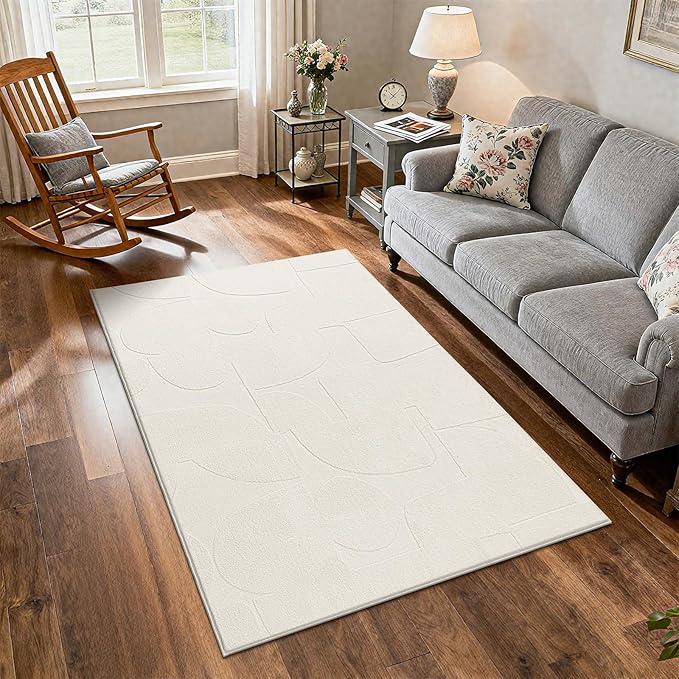 SHACOS Soft Cozy Fluffy Abstract Geometric High Low Pile Area Rugs 3'x5' Non Slip Washable Scandinavian Minimalist Rug Modern Carpet for Living Room Bedroom Bathroom, Cream