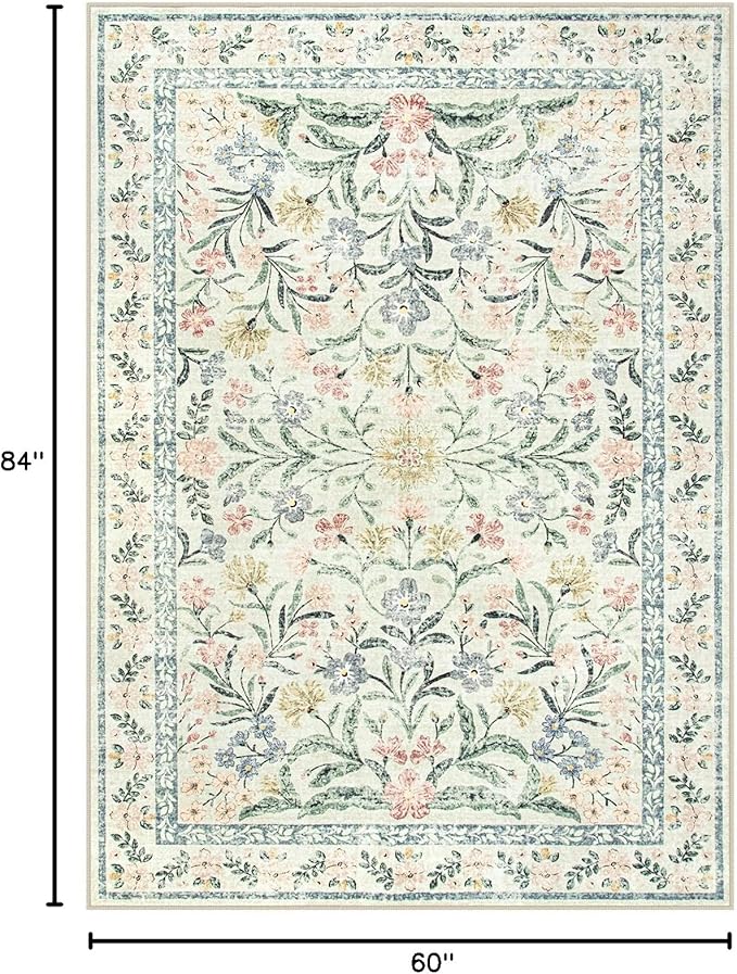 Lahome Boho Rugs for Living Room 5x7, Machine Washable Area Rugs Non-Slip, Vintage Floral Soft Kids Bedroom Carpet Rug for Home Girls Playroom Foyer Entryway, Beige/Multi