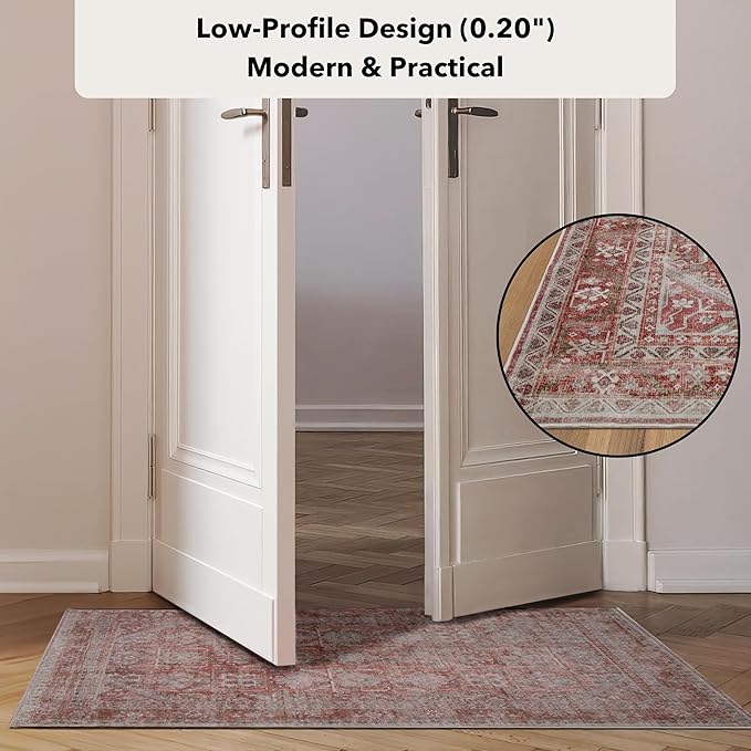 Kuden 2'6"x7' Runner Rug, Machine Washable Area Rug with Non-Slip Backing, Vintage Style, Soft, Easy Clean, Low Pile Rug for Hallway, Entryway, Kitchen, Bedroom