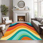 Retro Rugs for Living Room 70s - 8x10 Area Rugs, Abstract Wave Living Room Rug, Colorful Rainbow Rug for Bedroom, Groovy Geometric Washable Carpet, Mid Century Retro 70s Home Decor & Gifts