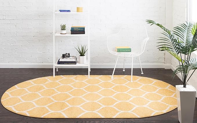Rugs.com Lattice Frieze Collection Rug – 3' 3 x 5' 3 Oval Yellow Medium Rug Perfect for Living Rooms, Large Dining Rooms, Open Floorplans