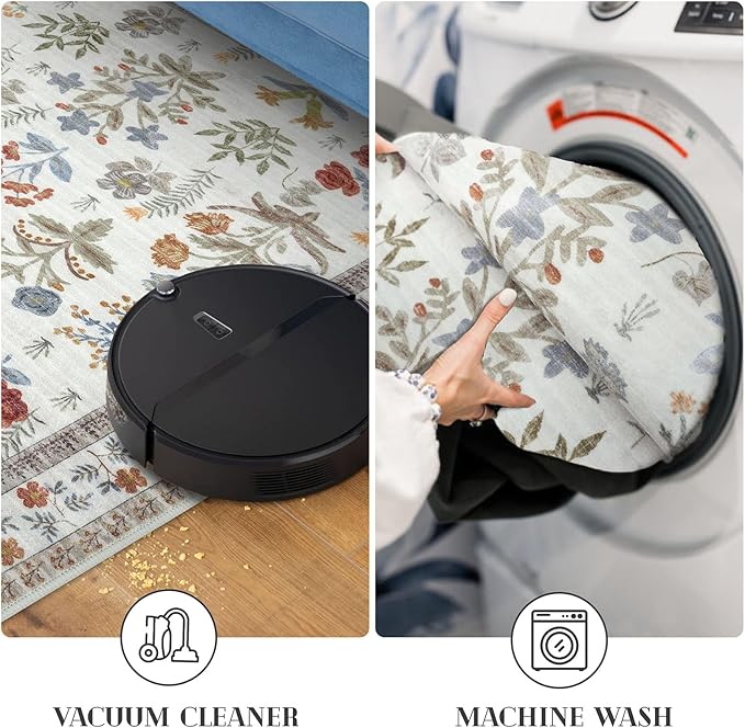 Boho Floral Machine Washable Runner Rug 2x6, Ivory Kitchen Runner Rug Non-Slip, Super Thin Hallway Rug Runner Printed Faux Wool Soft Carpet for Entryway Bedroom Laundry Room Indoor