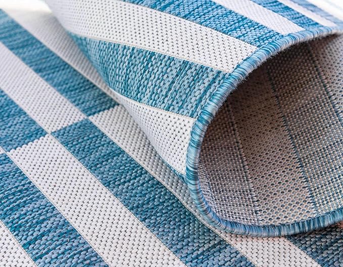 Unique Loom Outdoor Striped Collection Area Rug - Striped (5' 1" x 8' Rectangle, Light Aqua/Ivory)