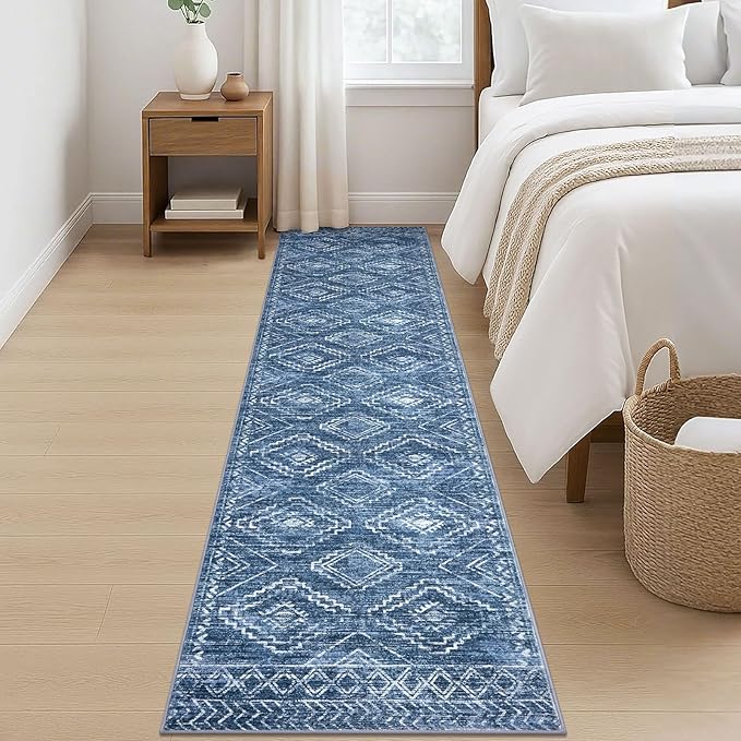 KILOCOCO Hallway Runner Rug 2x8 Runners for Hallways Washable Runner Rug Non Slip Rubber Backed Low-Pile Runners for Bedroom Kitchen Living Room Laundry Room Boho Rugs, Stonewashed Blue