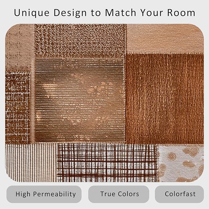 Patchwork Rug, Washable 5x8 Rug for Living Room, Geometric Brown Patterned Indoor Carpet, Patchwork Decor for Home, Bedroom, Soft Non Slip Thin Design FER9