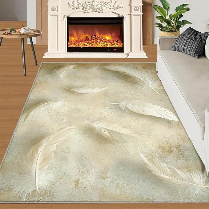 3x5 Feathers Dorm Rug - Minimalist Feathers Small Rugs for Bedroom, Natural Still Life Area Rug Washable Non Slip for Bedroom Kitchen Living Room Entryway