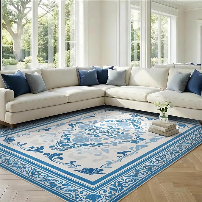 SOULFUL Medium Pile 4x6 Rugs for Living Room - Soft Foot Feel Area Rug - Blue Boho Floral - Washable Non-Slip - Perfect for Bedroom Kids Room Under Dining Table Office