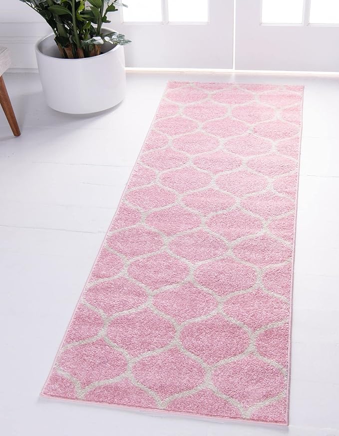 Rugs.com Lattice Frieze Collection Rug – 2' x 8' 8 Runner Light Pink Medium Rug Perfect for Living Rooms, Large Dining Rooms, Open Floorplans