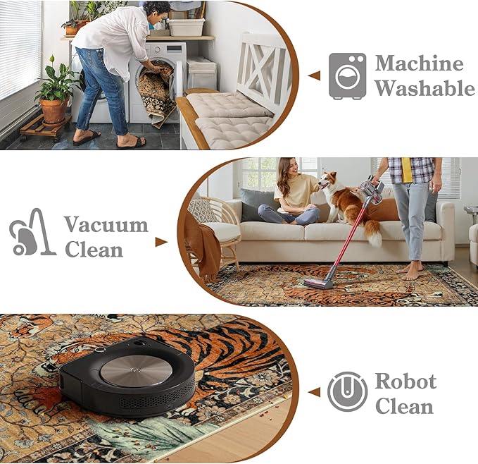 Moynesa Tiger 5x7 Area Rugs, Boho Washable Rugs for Living Room, Vintage Soft Dining Room Rug, Non Slip Ultra Thin Stain Resistant Large Floor Carpet for Office Bedroom, Camel
