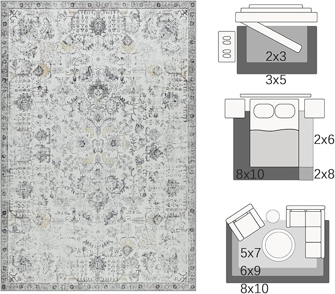 jinchan Kalen Runner Rug 2x6 Washable Area Rug Soft Vintage Hallway Indoor Floor Mat Thin Retro Distressed Carpet Grey Floral Country Non Slip Bathroom Kitchen Bedroom Living Room