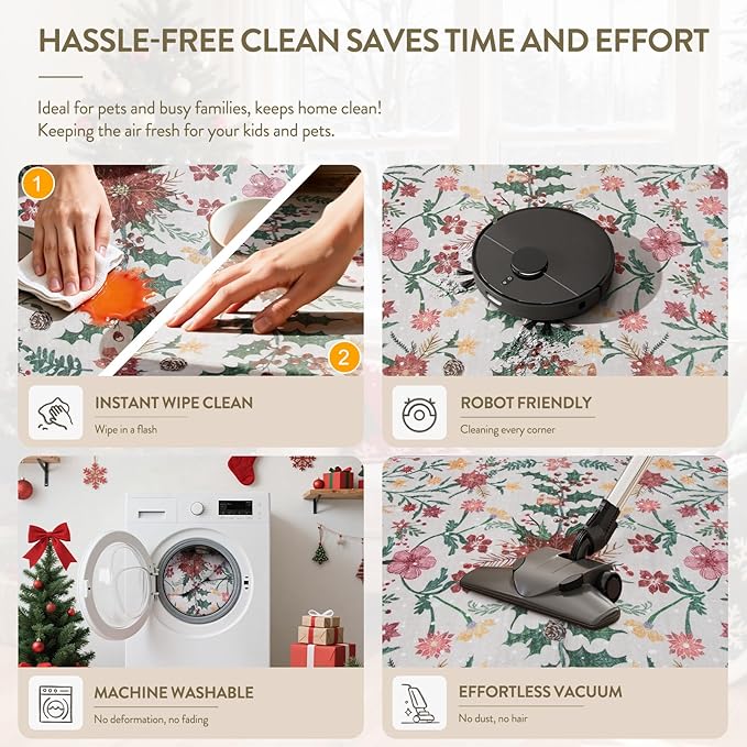Wonnitar Christmas Rug for Living Room, Christmas Home Decor 8x10 Washable Rug, Ultra-Thin Soft Holiday Floral Print Non Slip Winter Indoor Carpet for Bedroom Kids Room Xmas Dining Room