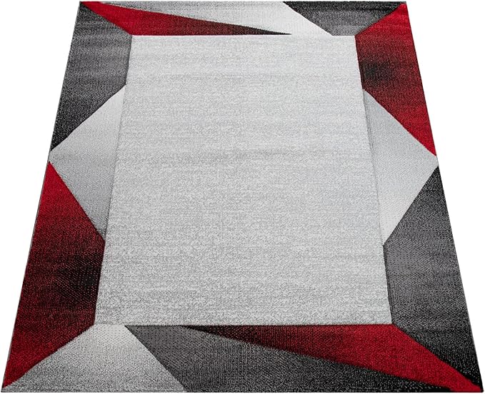 Paco Home Modern Area Rug Bordered with Geometric Pattern Red Grey with Contour Cut, Size: 2' x 3'7"