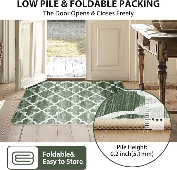 Area Rug 2x6, Moroccan Trellis Print Carpet, Machine Washable Non-Slip Rugs for Living Room, Bedroom, Dining Room & Entryway, Green