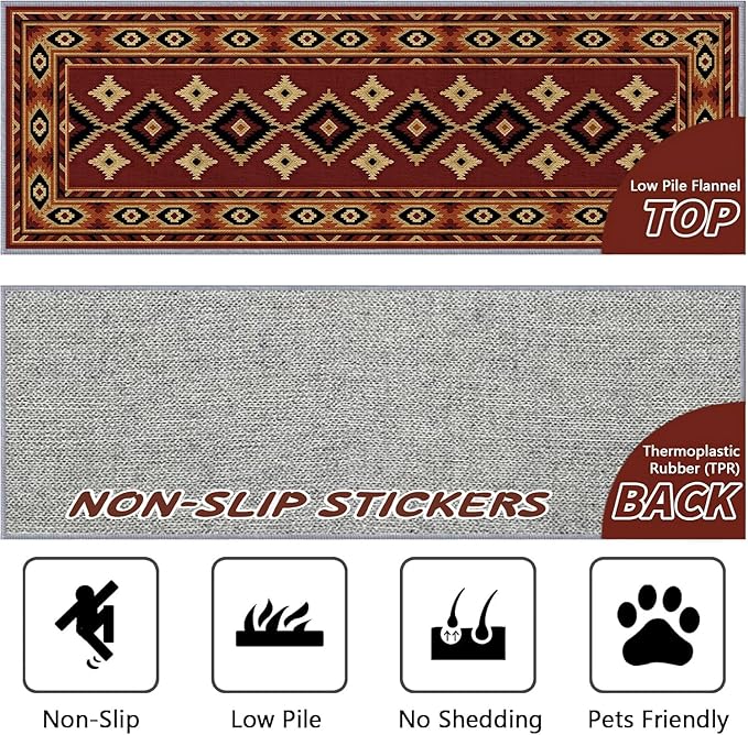 Burgundy Diamond Runner Rug, 3x8ft Hallway Runner Rugs - Corridor & Foyer Area Rugs, Non-Slip Mat Durable Rug, Washable Flannel Material, Southwestern Geometric Home Decor Carpet