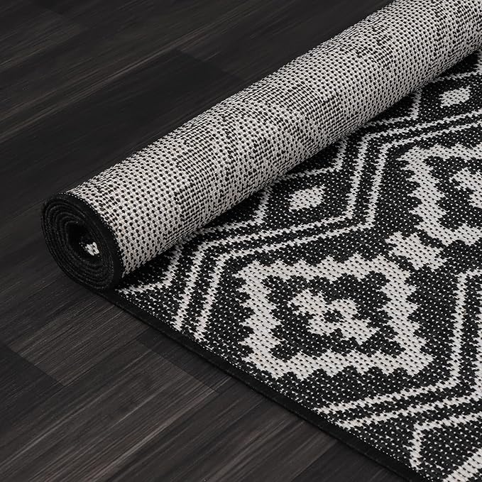Beverly Rug Waikiki Boho Indoor Outdoor Rug 9x12, Washable Outside Carpet for Patio, Deck, Porch, Bohemian Area Rug, Farmhouse Rugs, Aztec Tribal Rug, Black and White