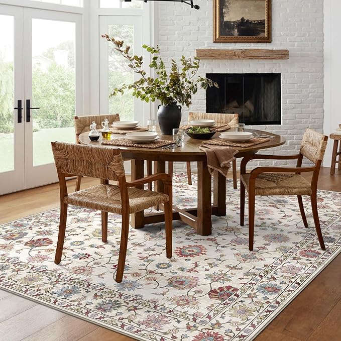 Washable Area Rug 8x10 - Large Cream Colorful Boho Rugs for Living Room Soft Vintage Bedroom Rug Ultra-Thin Traditional Floral Carpet Farmhouse Rug for Dining Room Guest Room Home Decor