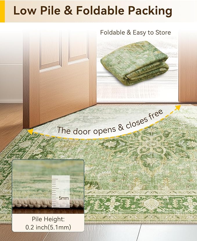 Area Rugs 2'x6' Washable Non-Slip, Floral Vintage Distress Print Pattern Medallion Carpet for Living Room Bedroom Dining Room, Sage Green Yellow
