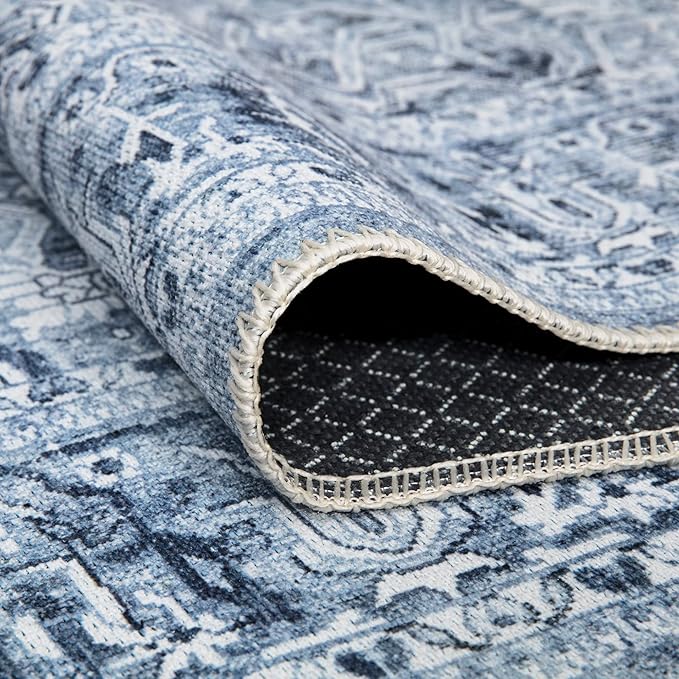 Bloom Rugs Washable Non-Slip 3' x 5' Rug - Ivory/Denim Blue Traditional Medallion Area Rug for Living Room, Bedroom, Dining Room, and Kitchen - Exact Size: 3' x 5'