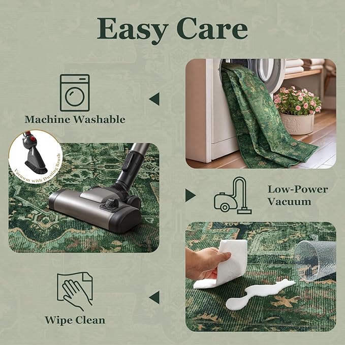 Green Medallion 3x7 Hallway Runner Rug, Washable Non Slip Runners for Kitchen Floor, Low Pile Thin Distressed Vintage Runner Carpet for Entryway/Mudroom/Foyer/Bathroom/Bedroom