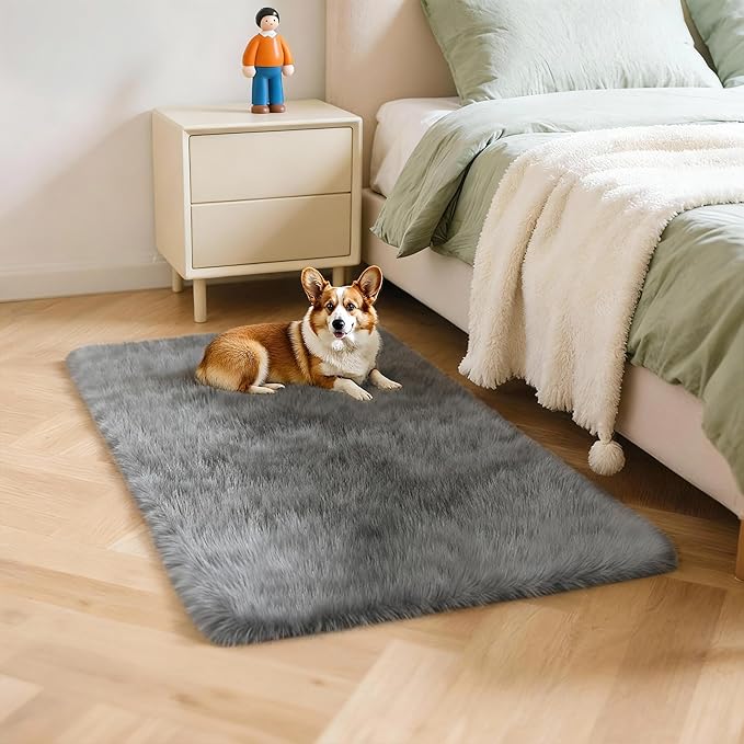 2x3 Solid Fluffy Grey Area Rug – Washable, Durable,Small Bedroom Rug, Non-Slip High Pile Shag Rugs for Living Room, Bedroom, Bedside, Dorms, Nursery Rooms, Kids Room, Soft Indoor Floor Carpet