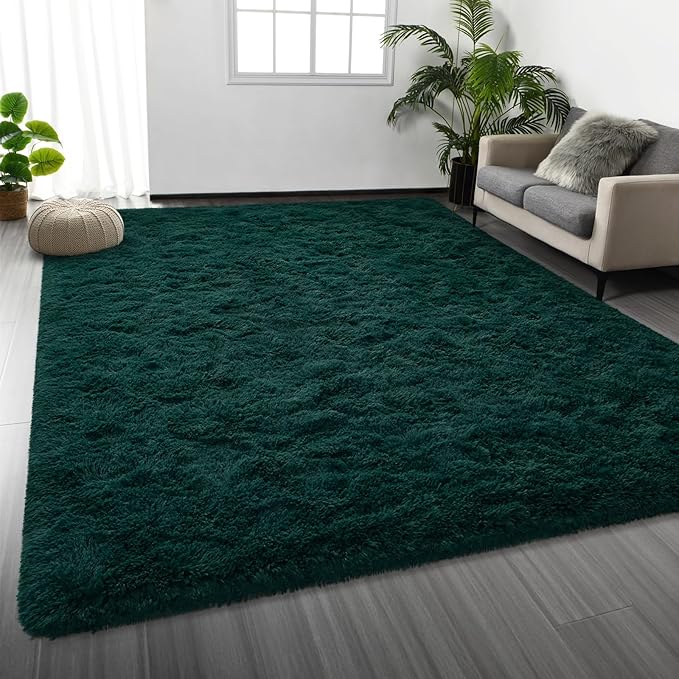 Large Shag Area Rugs 9 x 12, Plush Fuzzy Rugs for Living Room, Ultra Soft Fluffy Furry Rug for Bedroom, Indoor Carpet Nursery Rugs for Kids Room Home Decor, Dark Green