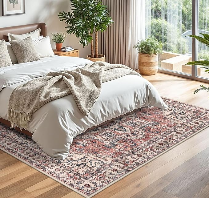 KOZYFLY Boho Area Rug 5x7 Ft Thin Washable Rugs for Living Room Faux Wool Throw Carpet Printed Non Slip Rug for Entryway Bedroom Dining Room Living Space, Terracotta/Beige