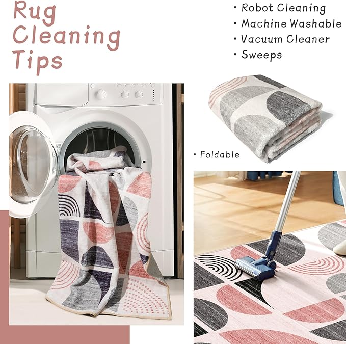 MUJOO Pink Rug Washable,5x7 Area Rugs for Living Room Bedroom,Boho Large Throw Floor Carpet Non Slip Soft Modern Abstract Pink and Grey
