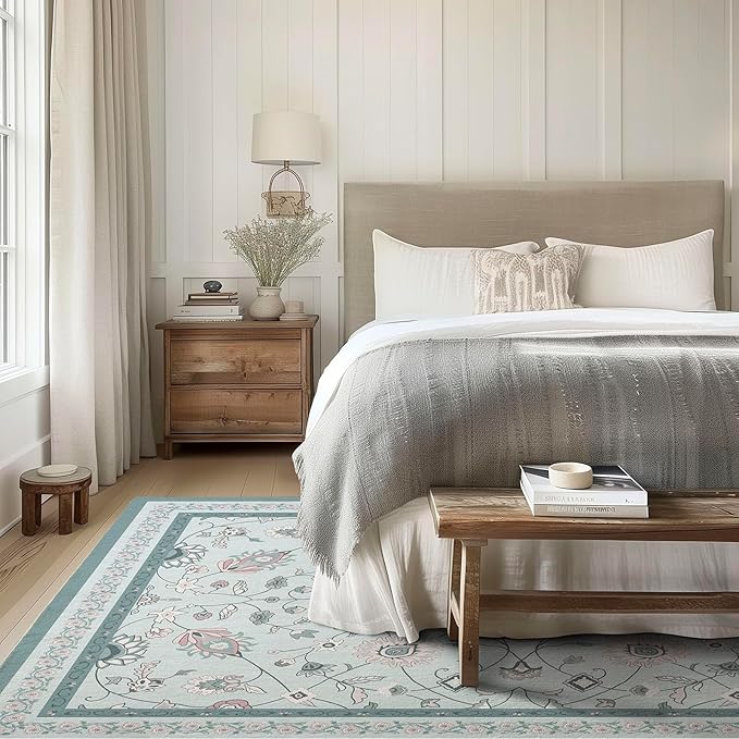 EVERGRACE Area Rugs for Living Room 6x9, Boho Floral Faux Wool Indoor Outdoor Rugs, Washable Rugs for Bedroom Dining Room Entryway Kitchen, Low Pile Floor Mat Carpet for Home Decor, Pale Blue