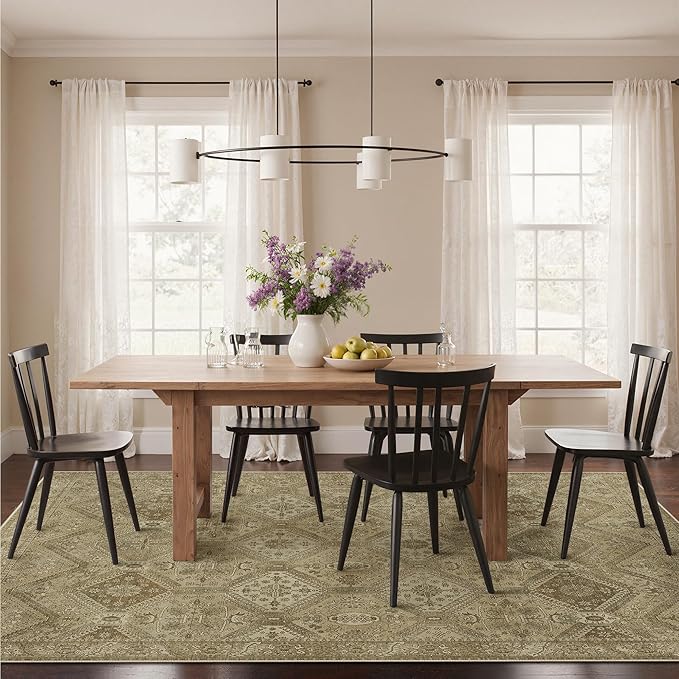 Bavni 8x10 Area Rugs for Living Room, Machine Washable Rug Non Slip, Vintage Chenille Distressed Print Carpet, Large Low Pile Ultra-Thin Lightweight Rugs for Bedroom, Dining Room, Office, Nut Brown