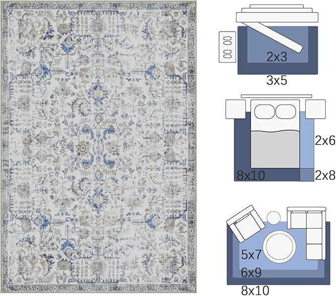 jinchan Kalen Area Rug 5x7 Washable Living Room Rug Soft Vintage Indoor Thin Retro Distressed Floor Cover Blue Floral Country Boho Rug Non Slip Carpet for Bedroom Office Dining Room