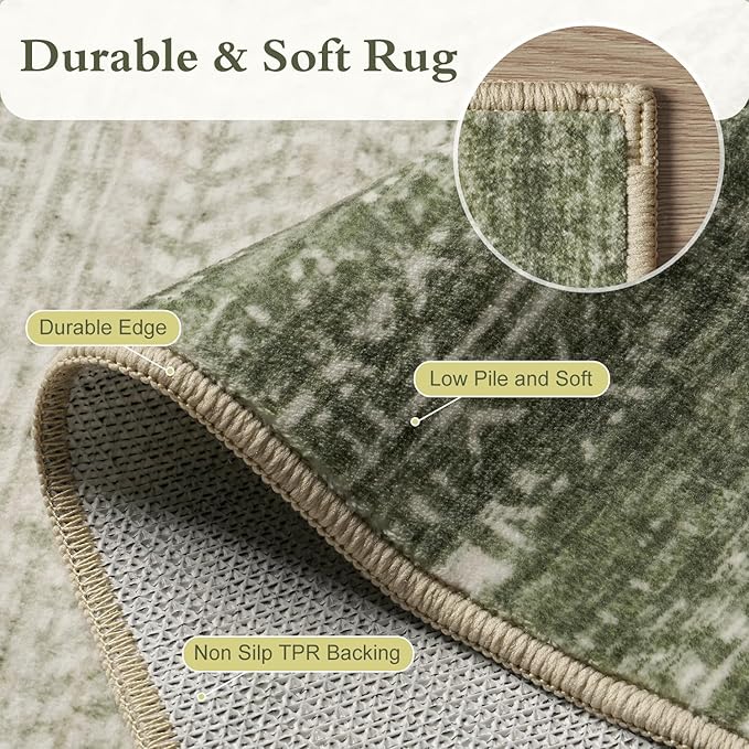 4x6 Area Rugs for Living Room Non Slip Machine Washable Rug Distressed Abstract Soft Indoor Carpet Neutral Boho Rug for Bedroom Dining Room Playroom Office, Green