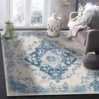 Blue Bohemian Rectangular Area Rugs for Living Room Bedroom 2.8 x 5 ft Vintage Farmhouse Floral Pattern Non-Shedding Soft Low Pile Rug Non Slip Washable Rug for Nursery Entryway Playroom