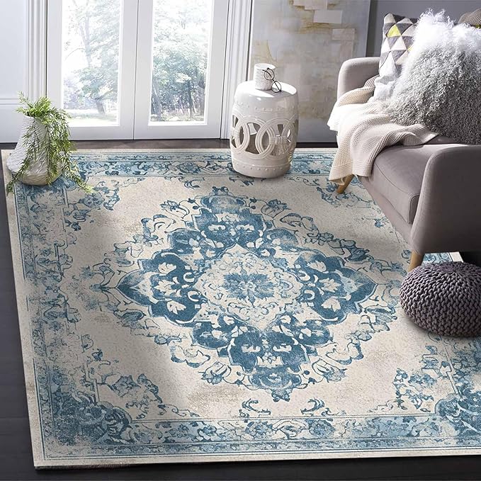 Blue Bohemian Rectangular Area Rugs for Living Room Bedroom 3 x 5 ft Vintage Farmhouse Floral Pattern Non-Shedding Soft Low Pile Rug Non Slip Washable Rug for Nursery Entryway Playroom