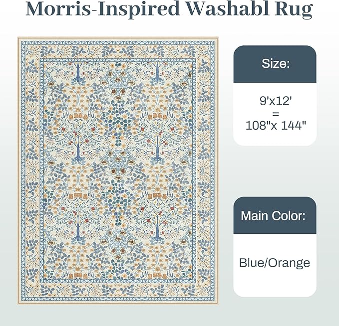 9x12 Area Rug Living Room Rug - Floral Vintage Forest Washable Carpet, Low Pile Non-Slip Stain Resistance Boho Soft Large Carpet for Bedroom, Dining Room Under Table, Farmhouse (9'x12' Blue/Orange)