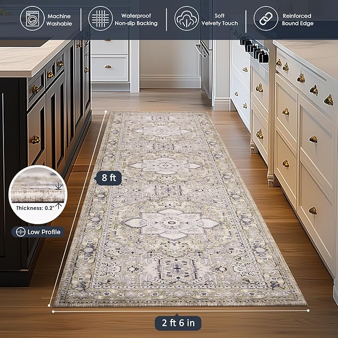 PURRUGS Vintage Farmhouse Boho Runner Rug 2'6" x 8', Non-Slip Machine Washable Rug, Accent Area Rug for Kitchen, Hallway, Entryway, Bedroom, Living Room and Dining Room, Taupe/Vanilla