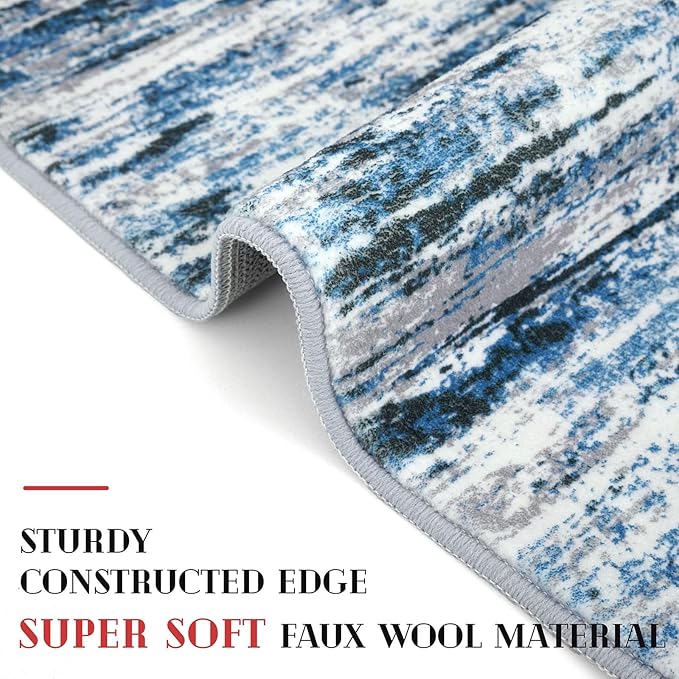 Modern Abstract Runner Rug 2x6, Grey Blue White Washable Kitchen Runner Non-Slip Soft Hallway Rug Runner Thin Print Faux Wool Carpet for Entryway Bedroom Laundry Room Indoor Home Decor