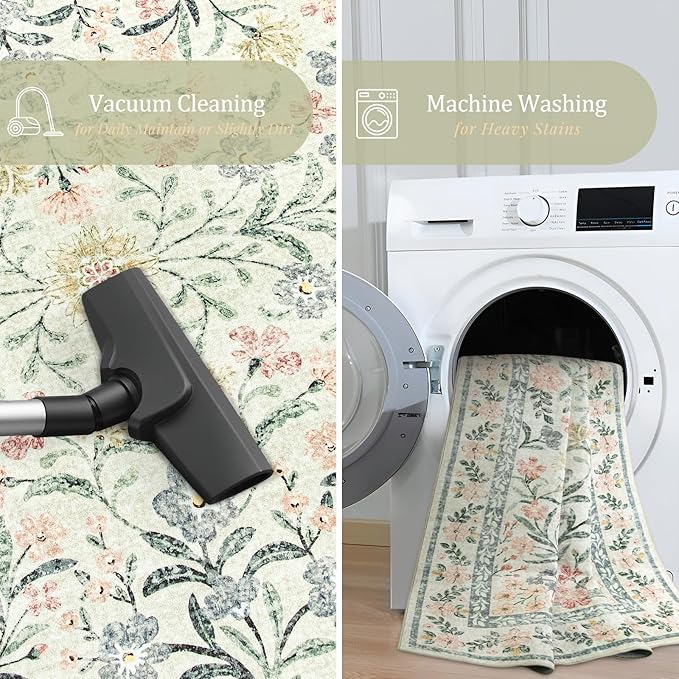 Morebes Boho 8x10 Area Rugs for Living Room, Large Beige Floral Rug for Bedroom Girls Nursery Non Slip, Soft Distressed Indoor Carpet for Dining Room Home Office, Cream