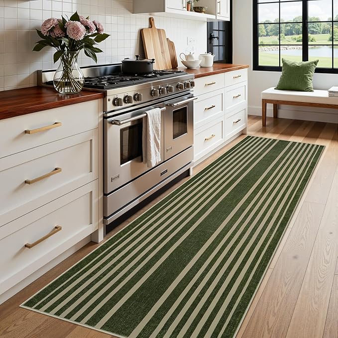 Beeiva Striped Modern Bathroom Runner, 2.5x8 Green Washable Runners for Hallways Entryway, Bohemian Non Slip Non Shedding Low Pile Carpet for Porch, BedroomIndoor Kithchen Laundry Room Porch Bedroom