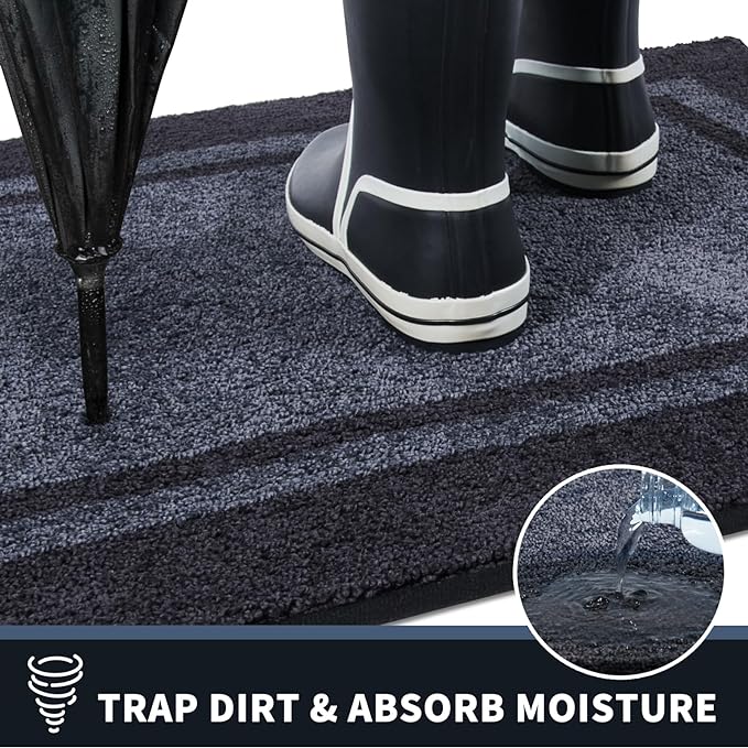 PURRUGS Dirt Trapping Door Mat 24" x 60", Non-Slip/Skid Machine Washable Entryway Rug, Shoes Scraper, Area Rug, Super Absorbent Welcome Mat for Muddy Wet Shoes and Paws, Bluish Grey & Charcoal